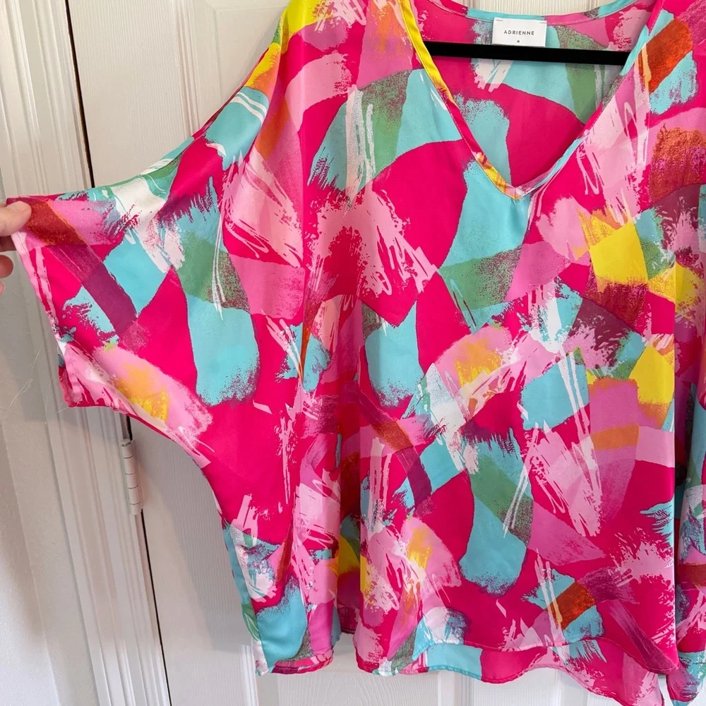Adrienne Abstract Paint Print Dolman Sleeve Blouse Size M Bright Pink Teal - Picture 4 of 7